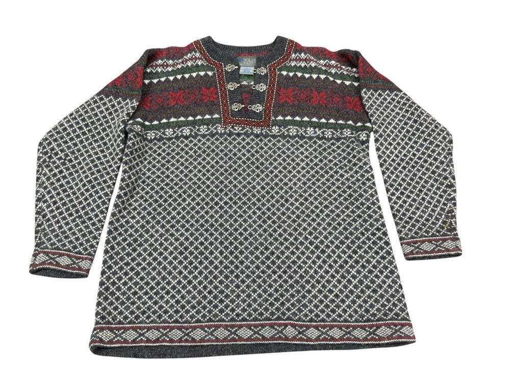 Vintage Squaw Valley Fair Isle 100% Lambswool Nordic Sweater Gray Red Large